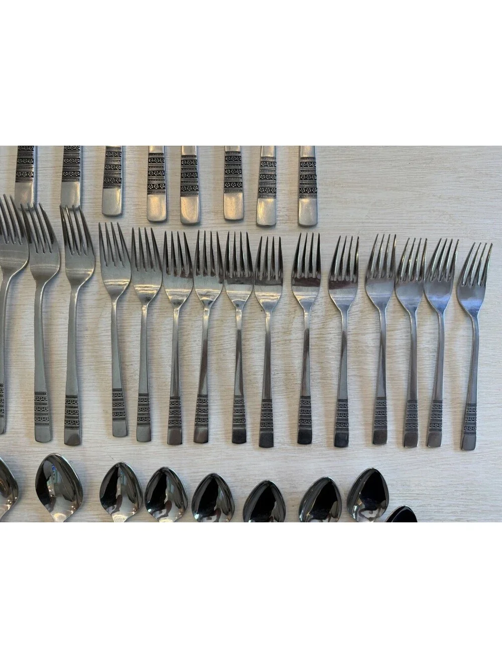 Vtg MCM Imperial International Stainless Steel Flatware Floral Band 60 Pcs Rare